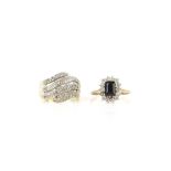 Two rings including, a diamond dress ring with round brilliant cut and baguette cut diamonds in