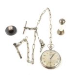 Longines open faced pocket watch, silver coloured dial with Arabic numerals, in a 900 silver case,