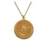 Twenty dollar gold Liberty coin, designed by James B Longacre, dated 1871, in a pendant mount,