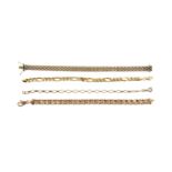 Four gold bracelets including, a flat link curb chain in rose gold, length 20 cm,