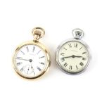 Two pocket watches, one open faced Waltham pocket watch, enamel dial with Roman numerals,