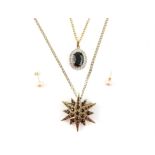 Sapphire and diamond pendant on a gold chain, length 60 cm, with a garnet star brooch with pendant