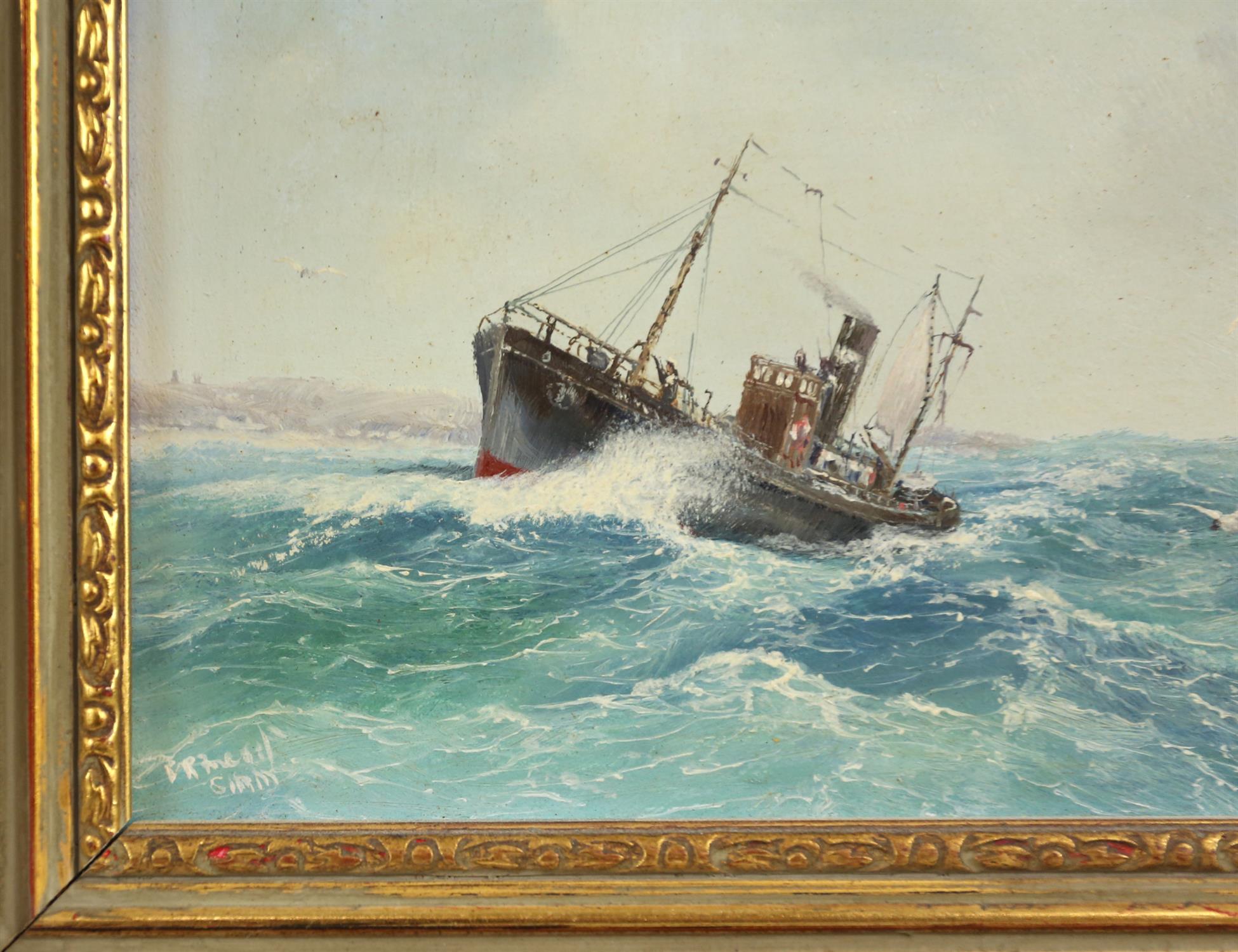 Richard Rhead Simm, Fishing Trawlers, oils on board, pair, 11cm x 16cm and another Clipper under - Image 5 of 9