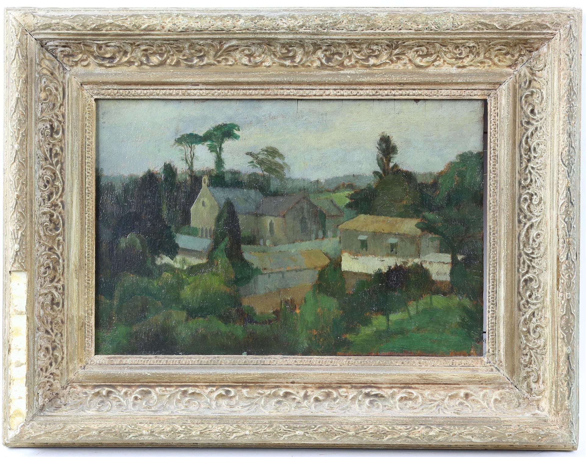 § Lionel Ellis (1903-1988). Buildings in a Continental Landscape. Oil on board. Exhibition label - Image 3 of 6