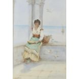 B. Davis, early 20th century, a young woman sitting on a balcony with birds around her and a ship