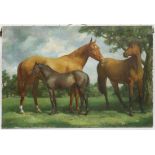 § Lionel Ellis. (1903-1988) Two Horses and a foal in a paddock. Oil on canvas, unsigned. Unframed.