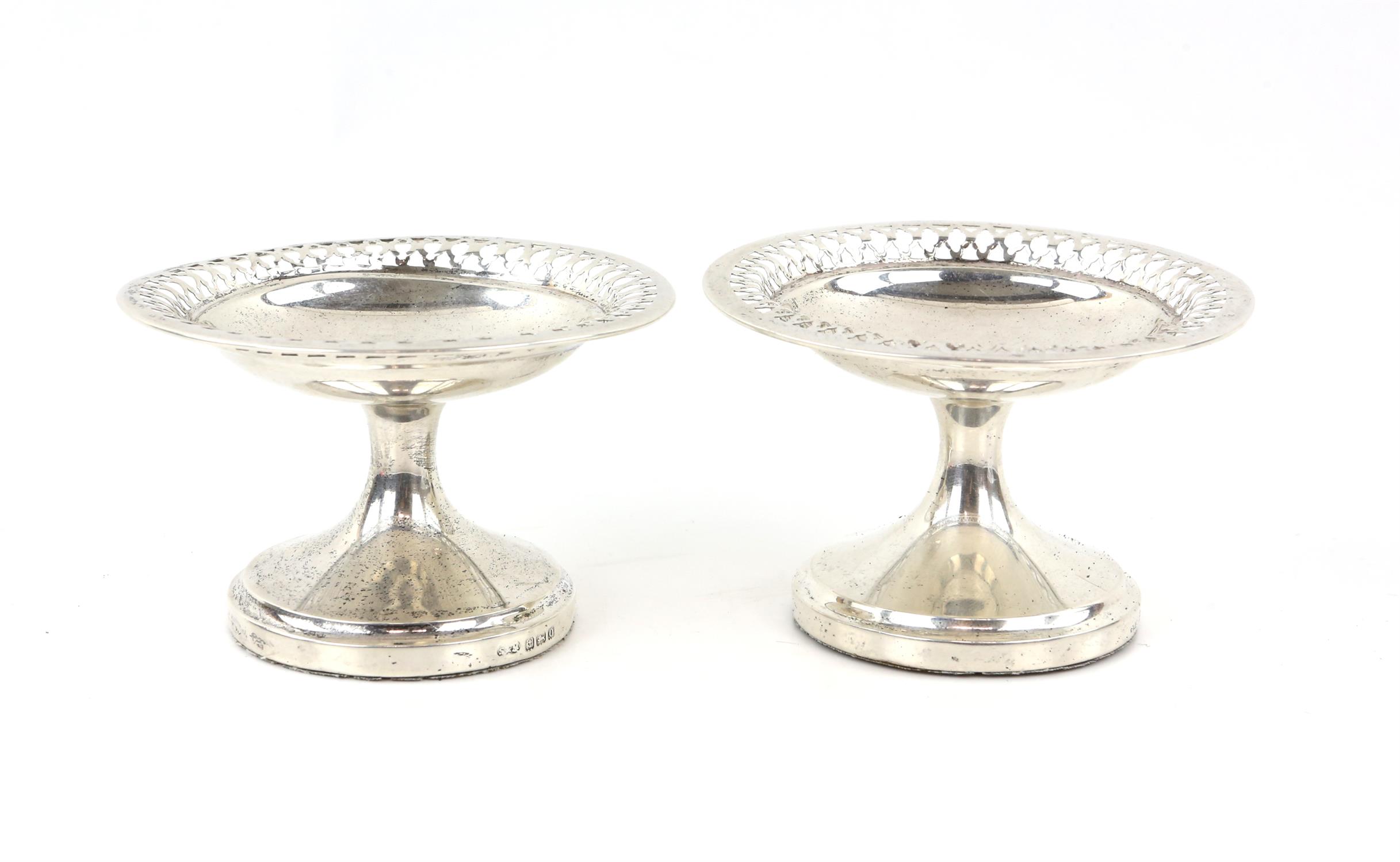 Pair of pedestal silver Bon Bon tazzas with pierced edges by Sanders and Mackenzie, Birmingham 1913