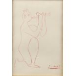 Lithograph after Pablo Picasso, faun with pipe. Framed and glazed. Image size 26 x 17cm.