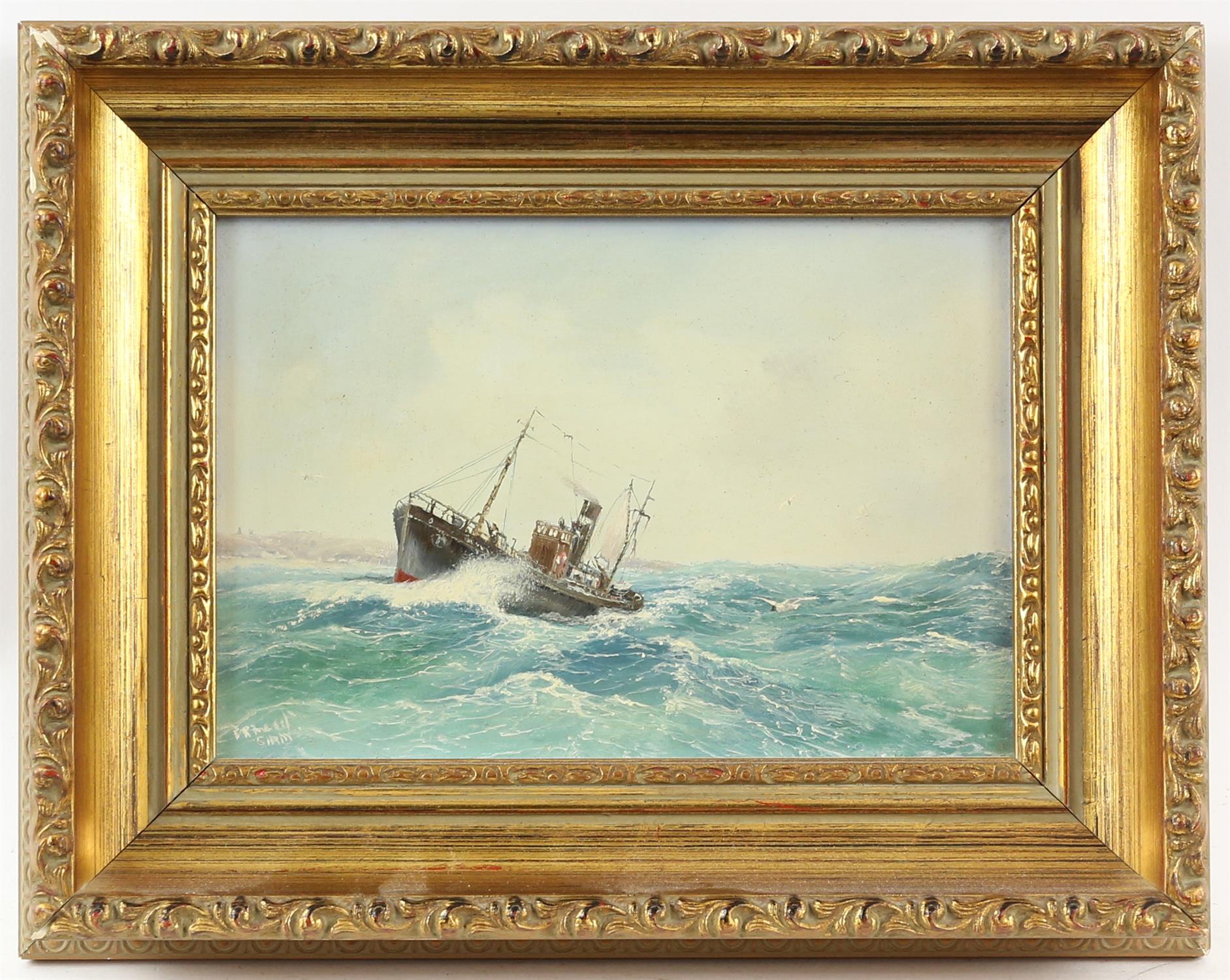 Richard Rhead Simm, Fishing Trawlers, oils on board, pair, 11cm x 16cm and another Clipper under