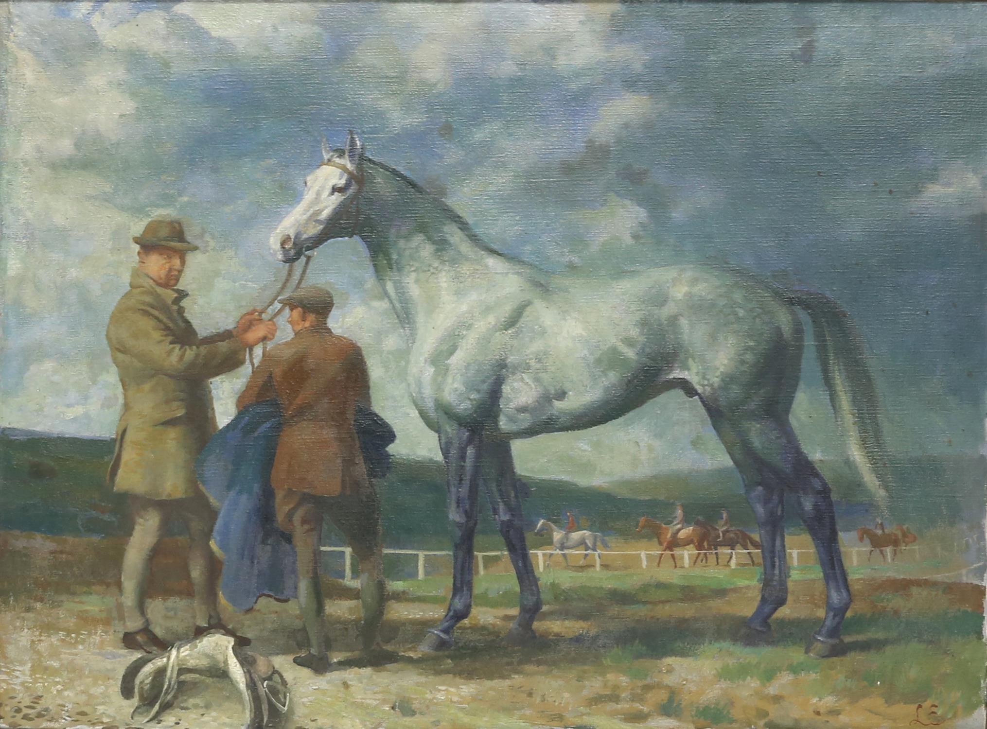 § Lionel Ellis (1903-1988). Grey Horse at a Racecourse. Oil on canvas, signed with initials lower