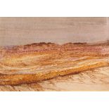 Contemporary abstract landscape in orange, brown and grey. Overpainted print on paper.