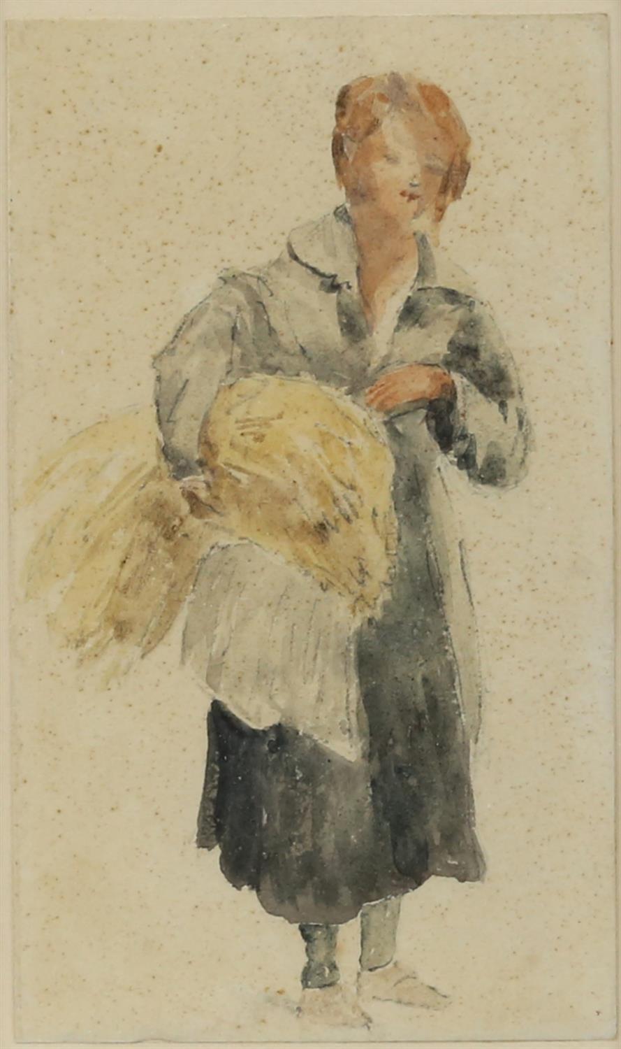 19th century English School, young woman carrying a sheath of corn, watercolour, 17.5cm x 10cm,