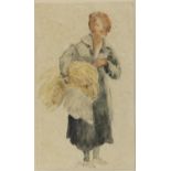 19th century English School, young woman carrying a sheath of corn, watercolour, 17.5cm x 10cm,