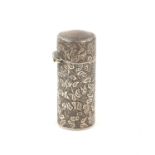 Edward VII foliage engraved silver cylindrical perfume bottle, 6 cms, by C C May and Son,