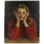 § Lionel Ellis (1903-1988). Portrait of a Pensive Girl in Red. Oil on canvas, unsigned. 61 x 52cm.