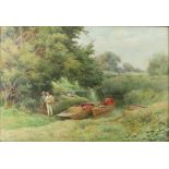 H Norrys (British 19th-20th century), picnic scene with boats on a river, signed and dated 1917,