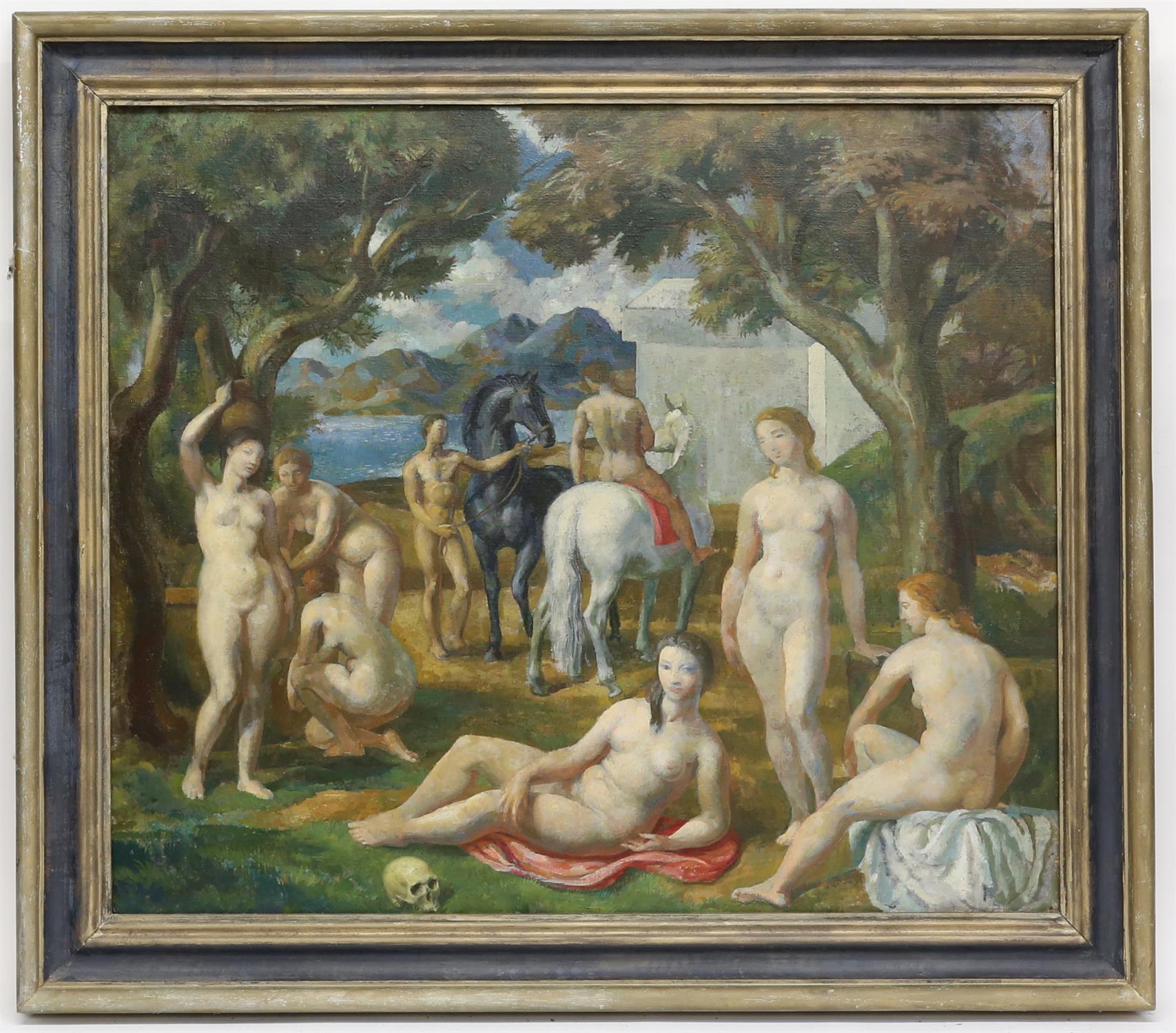§ Lionel Ellis.(1903-1988) Classical Scene with Nudes and Horses in a Coastal Garden. Oil on canvas, - Image 2 of 3