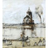 AMENDED DESCRIPTION, unknown artist, 'Church Across the Water'. Mixed media on paper. Label verso.