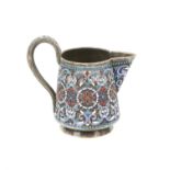 Late 19th century Russian silver and cloisonné jug with flower and scroll decoration, Moscow,