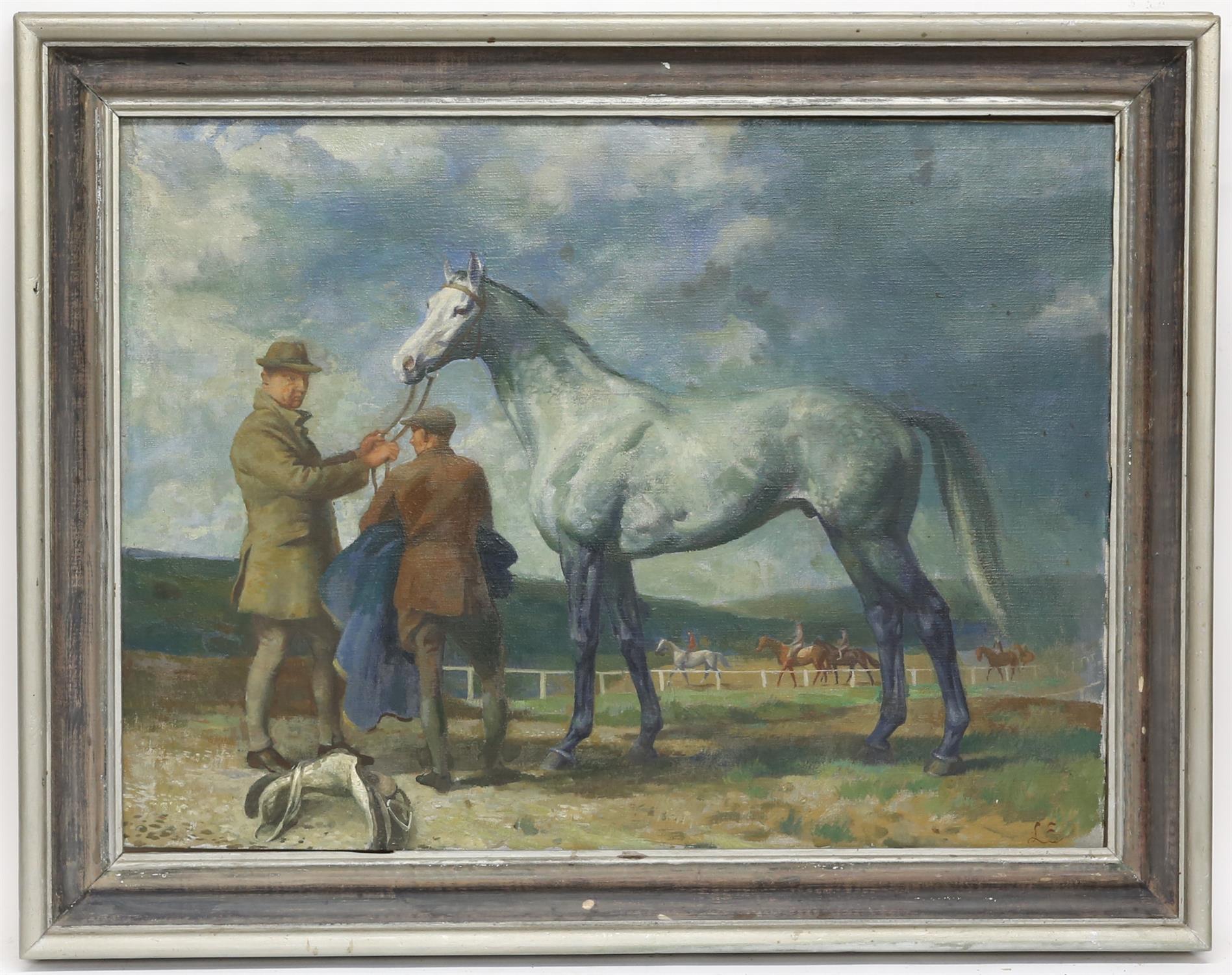 § Lionel Ellis (1903-1988). Grey Horse at a Racecourse. Oil on canvas, signed with initials lower - Image 2 of 4