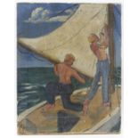 Twentieth-century English school, oil on canvas depicting two sailors on a yacht.