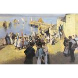 L. Vernon (twentieth century), Victorian-era harbour scene. Oil on board. Signed 'L.