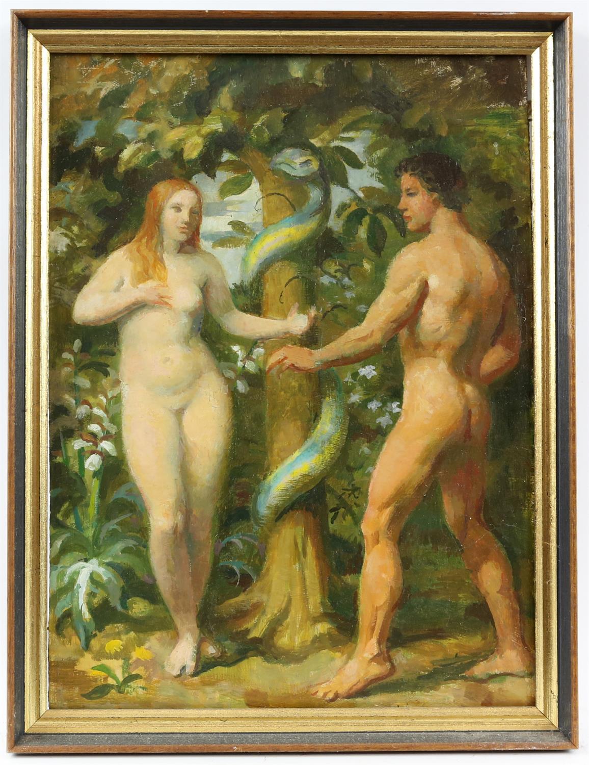 § Lionel Ellis. (1903-1988) Adam and Eve in the Garden of Eden. Oil on board. 45 x 34. - Image 2 of 3