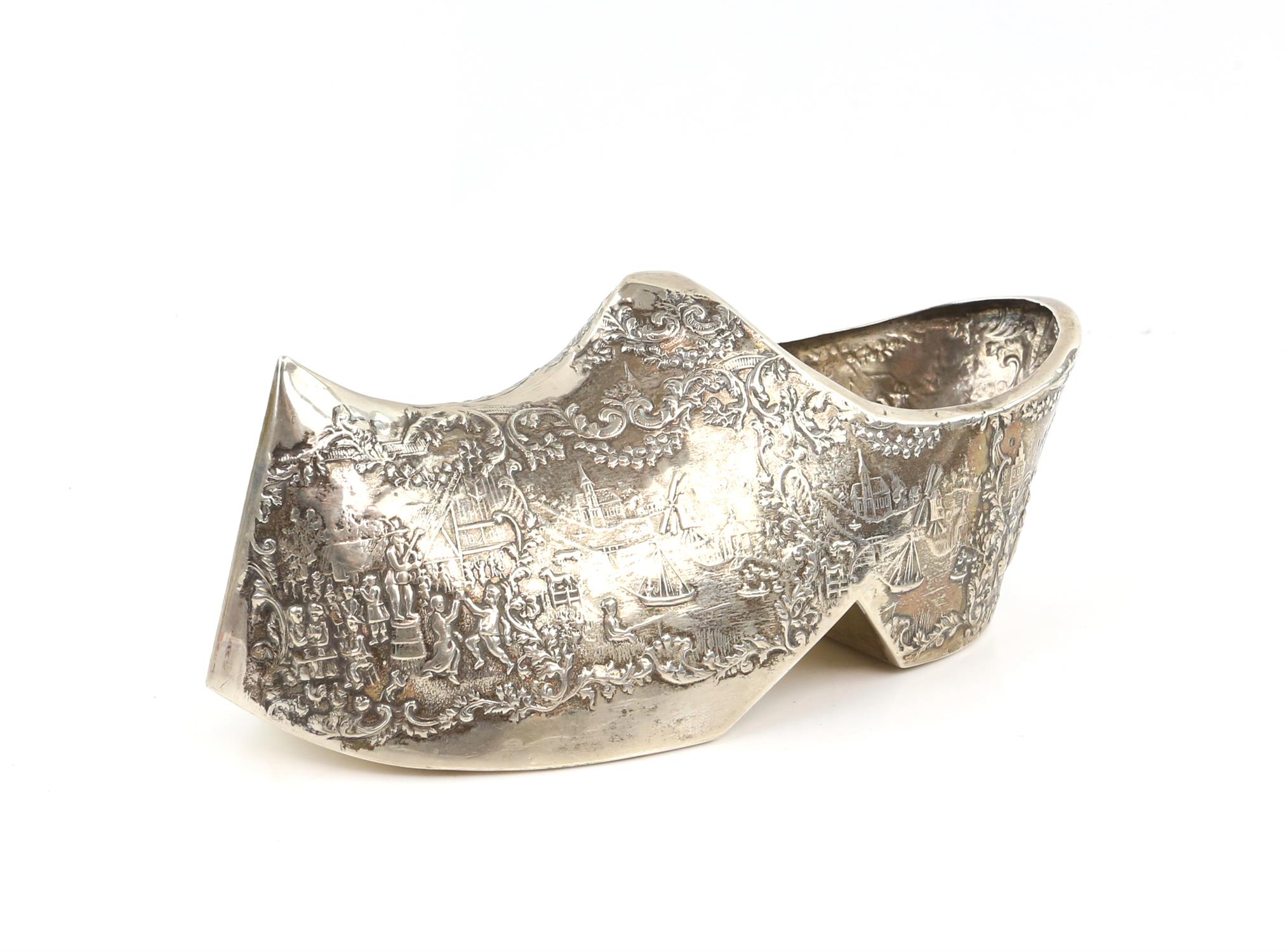 Large Dutch silver novelty model of a Clog embossed with Dutch scenes. marked for 835, 6. - Image 2 of 5