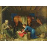§ Lionel Ellis (1903-1988), Family Group with Horse in a Stable. Oil on board. Unsigned.