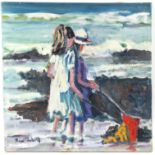 Ross Foster (British 20th-21st century), children rock pooling on a beach, signed, oil on canvas,