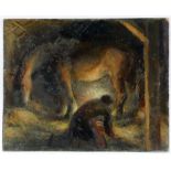 § Lionel Ellis (1903-1988), Man and Horse in Candlelit Stable. Oil on board, unsigned. 37 x 45cm.
