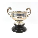 George V silver presentation rose bowl with two scroll handles on pedestal base,
