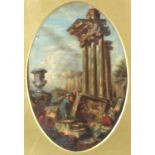 19th century Continental School, scene with figures amidst a ruined temple, oil on canvas possibly