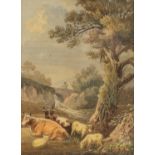 Nineteenth-century English school, pastoral landscape with cattle and sheep to foreground.