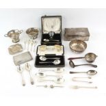 Various small silver items comprising a two handled bowl, cased egg cup and spoon,