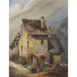 19th century French School, cottage with figure in a mountainous landscape, inscribed lower left