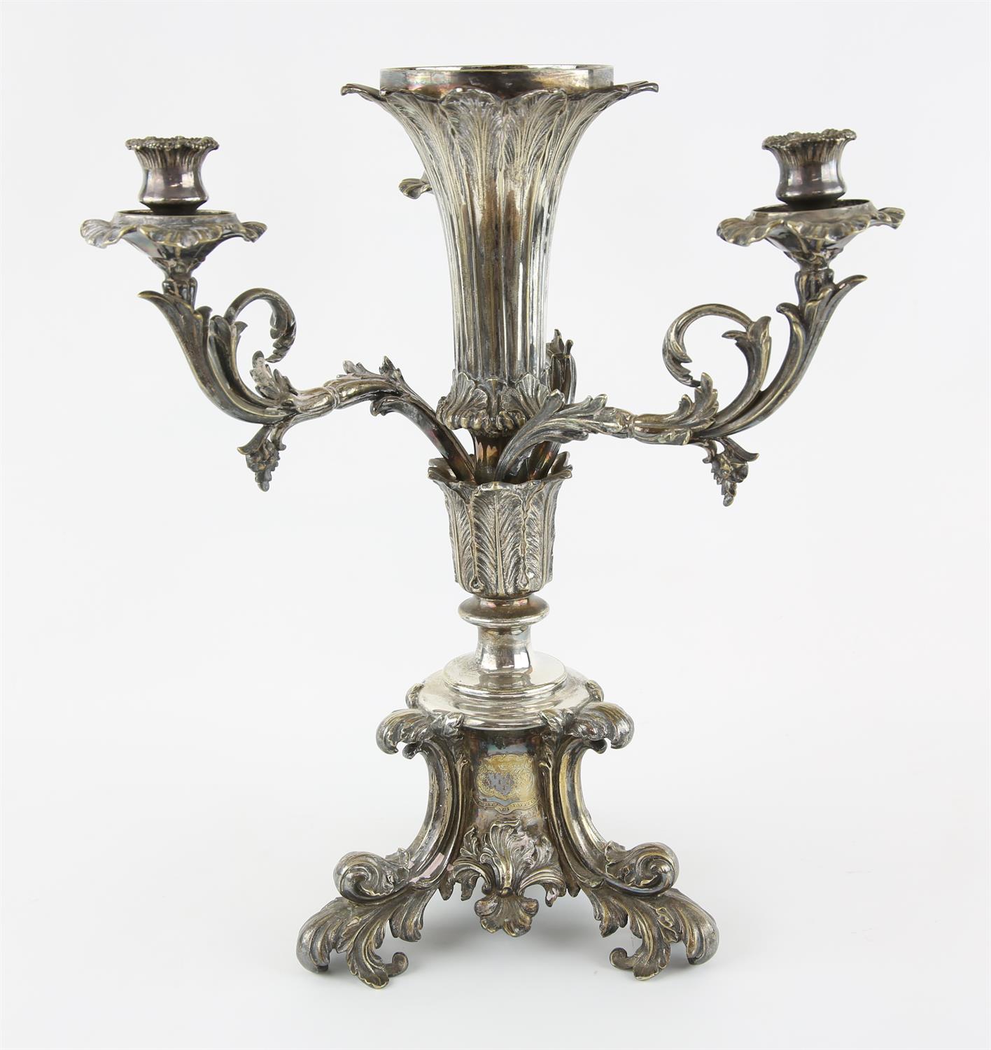 Silver plated three light centre piece with scroll arms and feet, with motto 'Vincit Qui Pattur', - Image 2 of 5