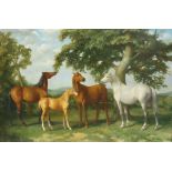 § Lionel Ellis. (1903-1988), Three Horses and a Foal beneath an Oak Tree. Oil on board, unsigned.