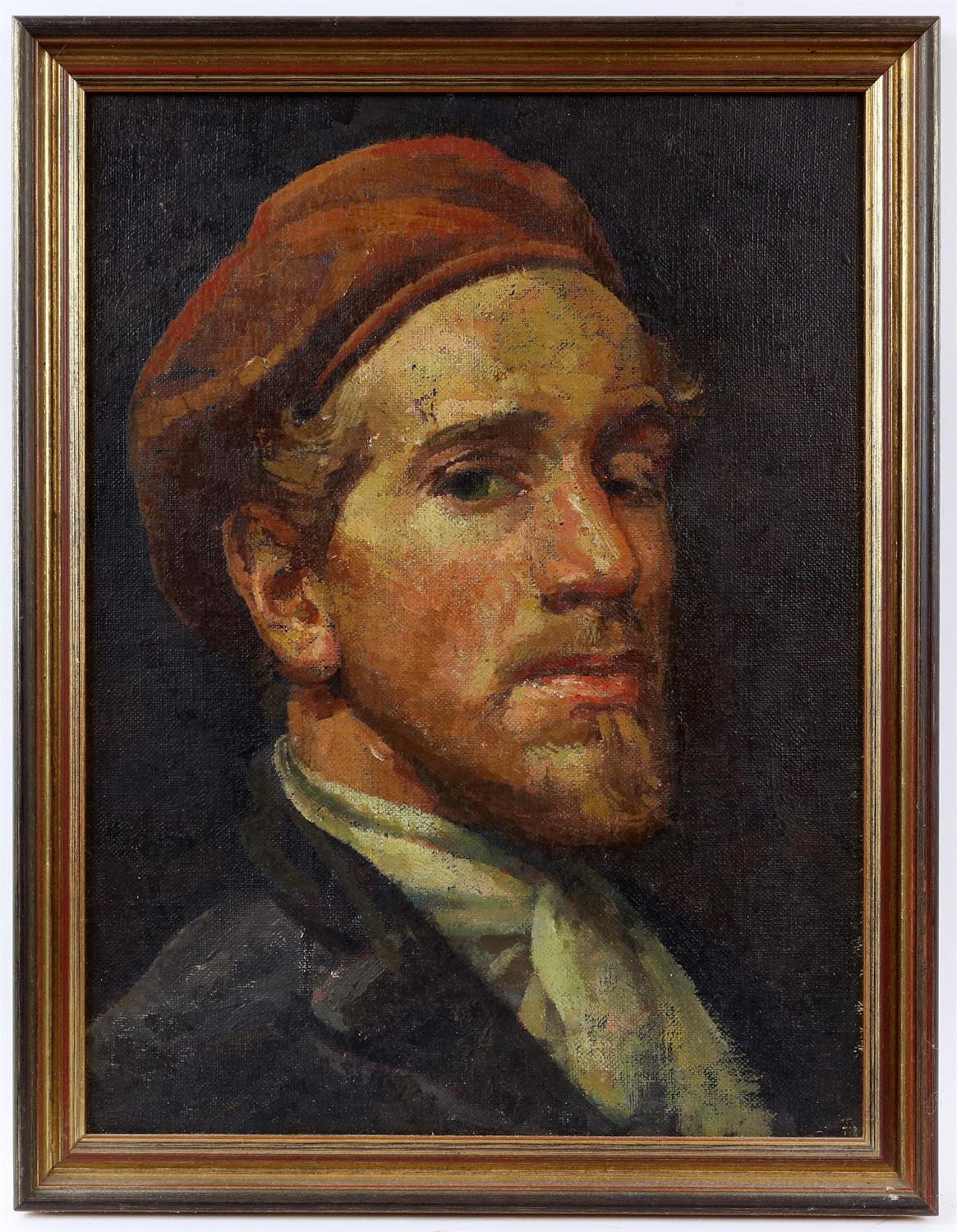 § Lionel Ellis. (1903-1988) Self Portrait of the Artist wearing a Red Beret. Oil on board, unsigned. - Image 2 of 3