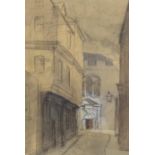 19th century English School, 'Cloth Fair and St. Bartholomew's Church, London', pencil and wash