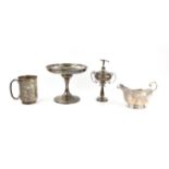 Victorian fern engraved silver mug, a silver sauce boat, a silver small trophy cup 403 grms 13 ozs