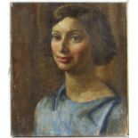 § Lionel Ellis (1903-1988),. Portrait of a Woman in Blue, oil on canvas, unsigned. 40 x 35cm.