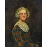 M. Wilson, oil portrait of a woman in a tartan dress, on canvas, signed, 44cm x 34cm