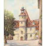 Karl Keupp (German 20th century), Street scene with tower. Oil on canvas. Signed lower right.