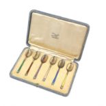 Cased set of Norwegian Art Deco silver and enamel coffee spoons marked 925