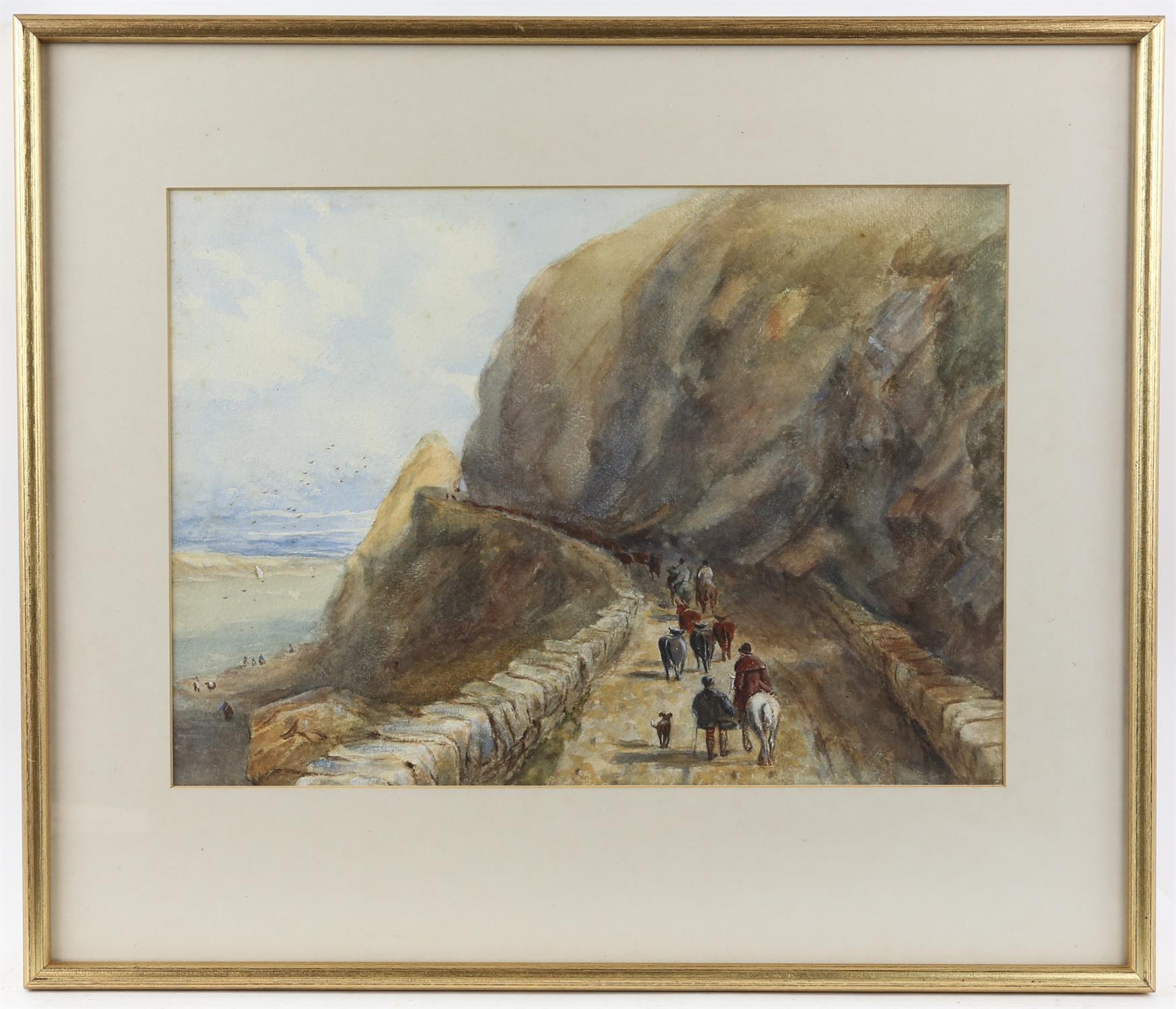 Manner of David Cox, herding cattle on a coastal track, watercolour, unsigned, 25cm x 35cm - Image 2 of 3