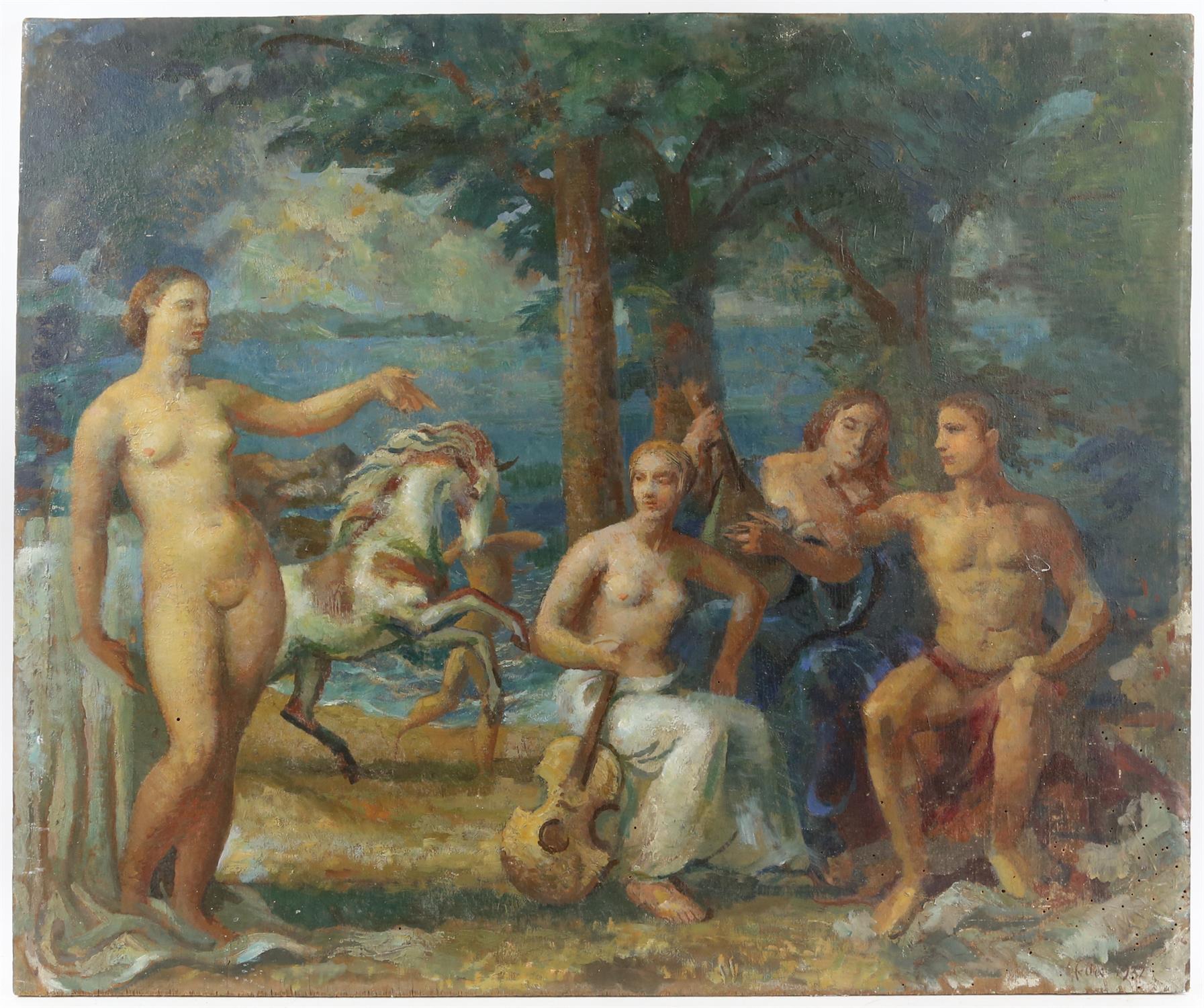 § Lionel Ellis (1903-1988). Classical Figures by a Lake. Oil on board 1932, signed and dated lower