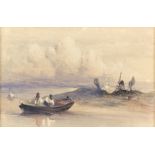 John le Capelain (Jersey, c. 1814-1848), coastal scene with fisherman in boat. Watercolour.