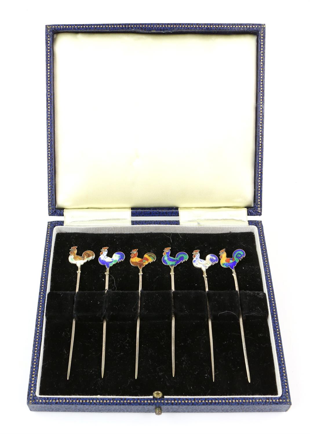 Cased set of silver and enamel cockerel cocktail sticks, each bird with individual enamel