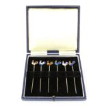 Cased set of silver and enamel cockerel cocktail sticks, each bird with individual enamel